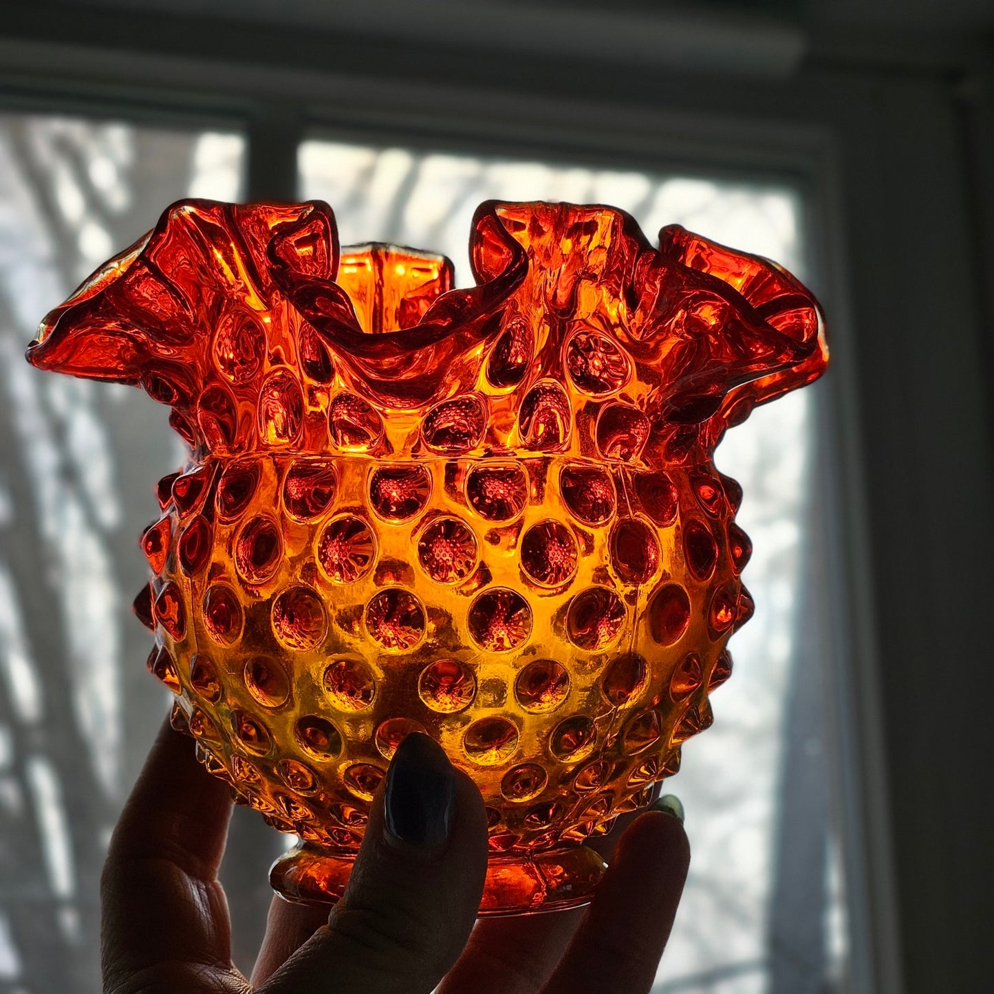 Vintage Amberina Hobnail Glass Rose Bowl