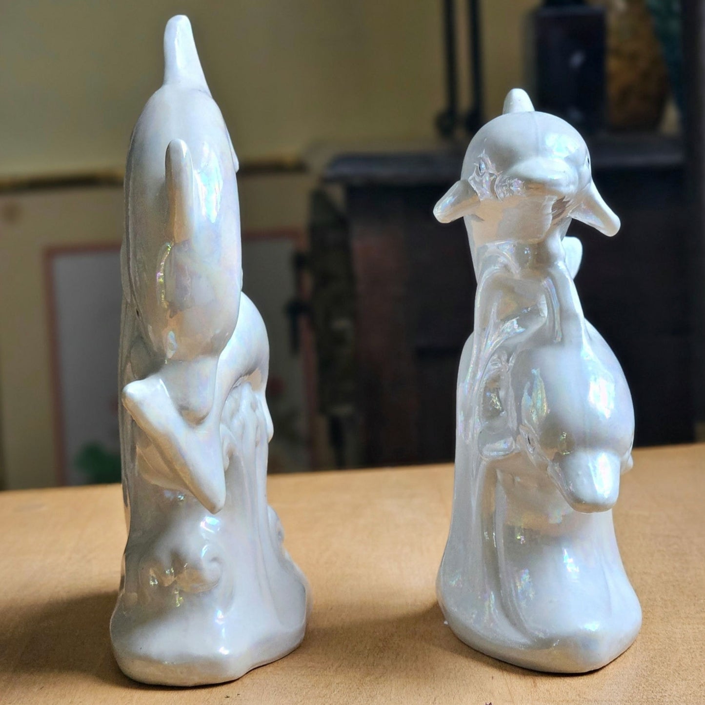 Pair of Vintage 1980s Iridescent Dolphin Figurines