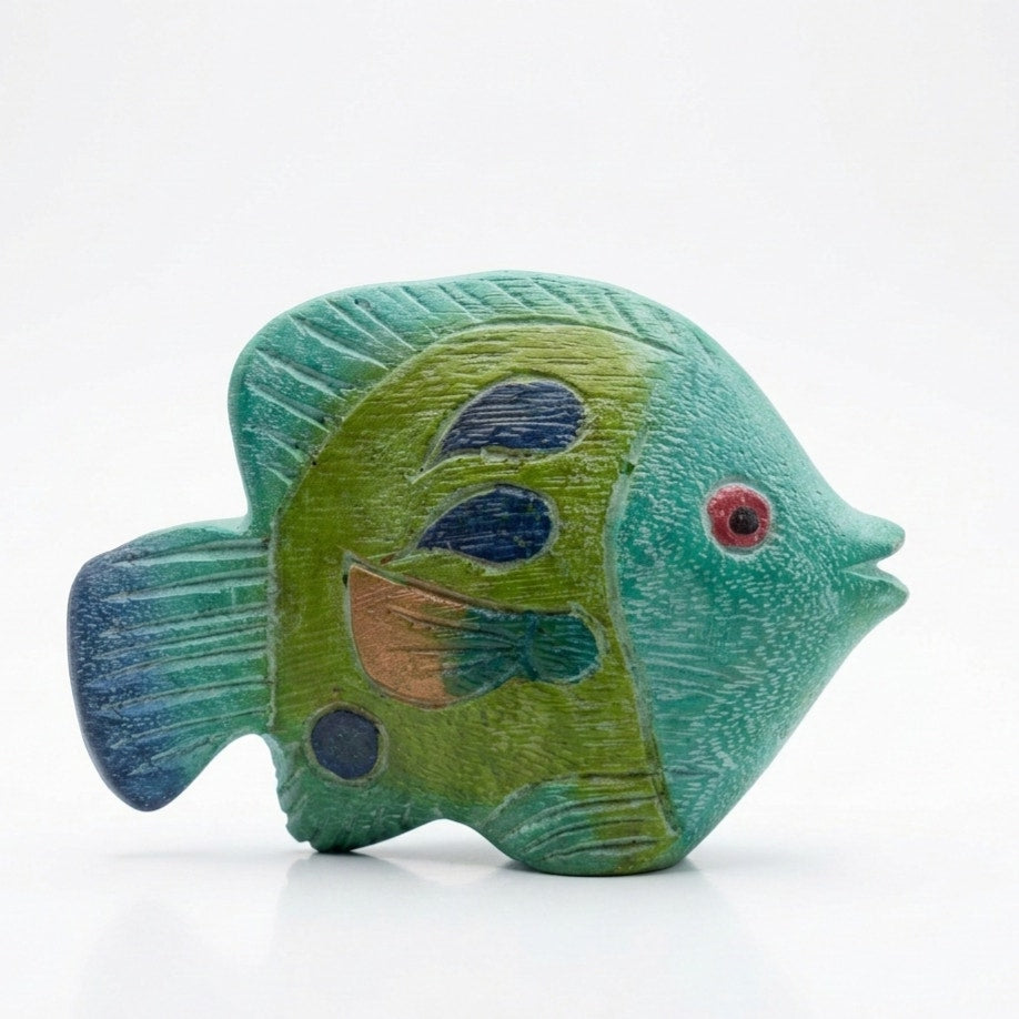 Vintage Hand Carved Wooden Fish Figurine | Mid-Century Turquoise Coastal Art