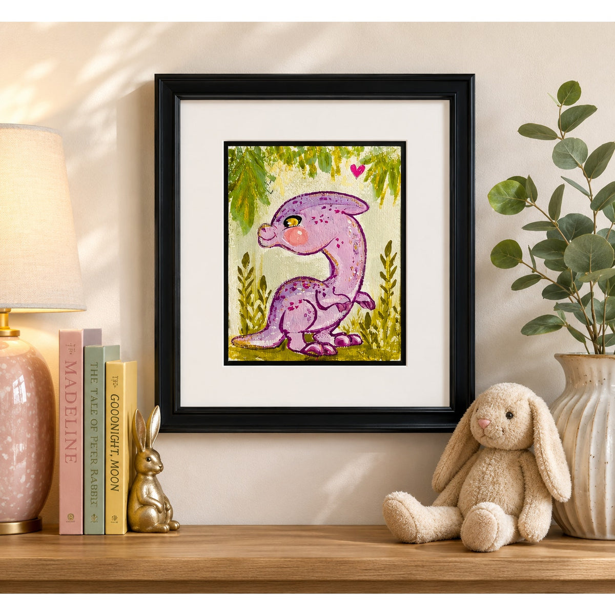 Original Framed Purple Kawaii Dinosaur Art