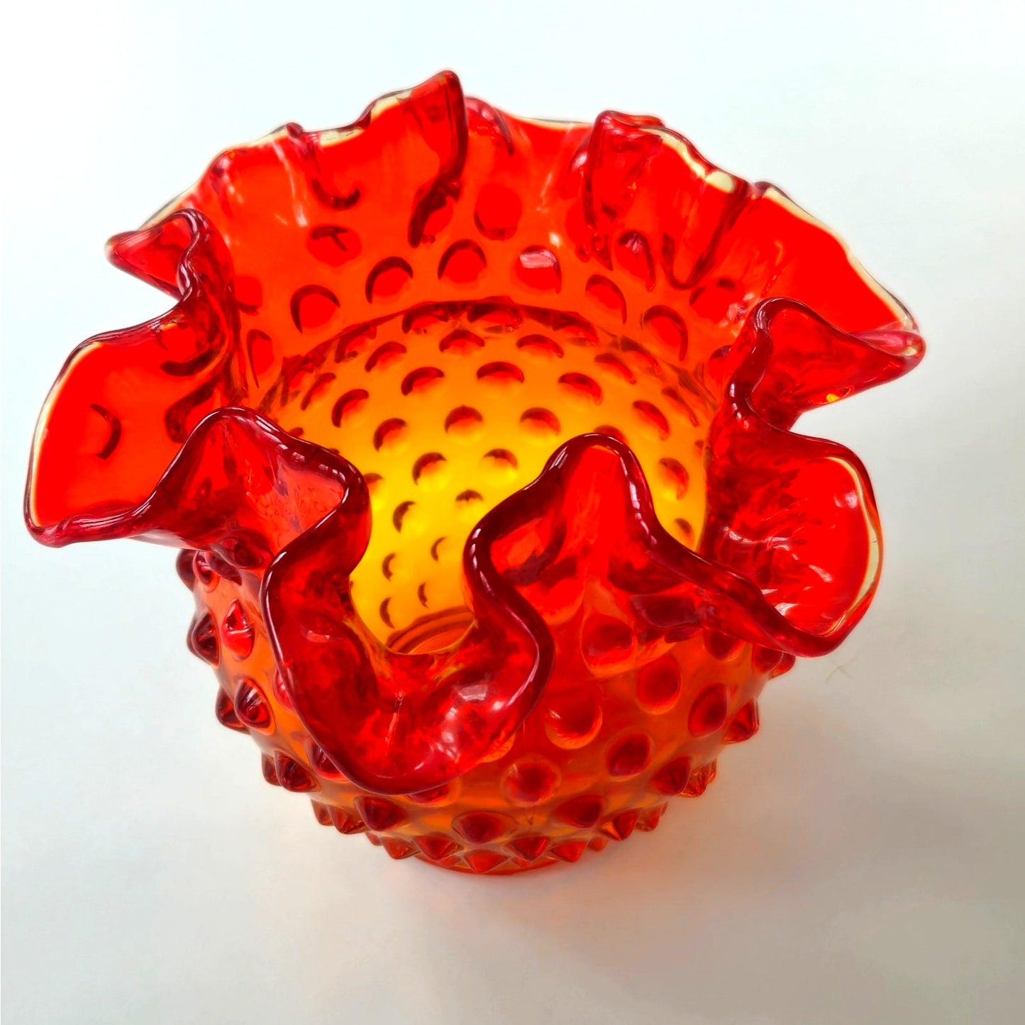 Vintage Amberina Hobnail Glass Rose Bowl