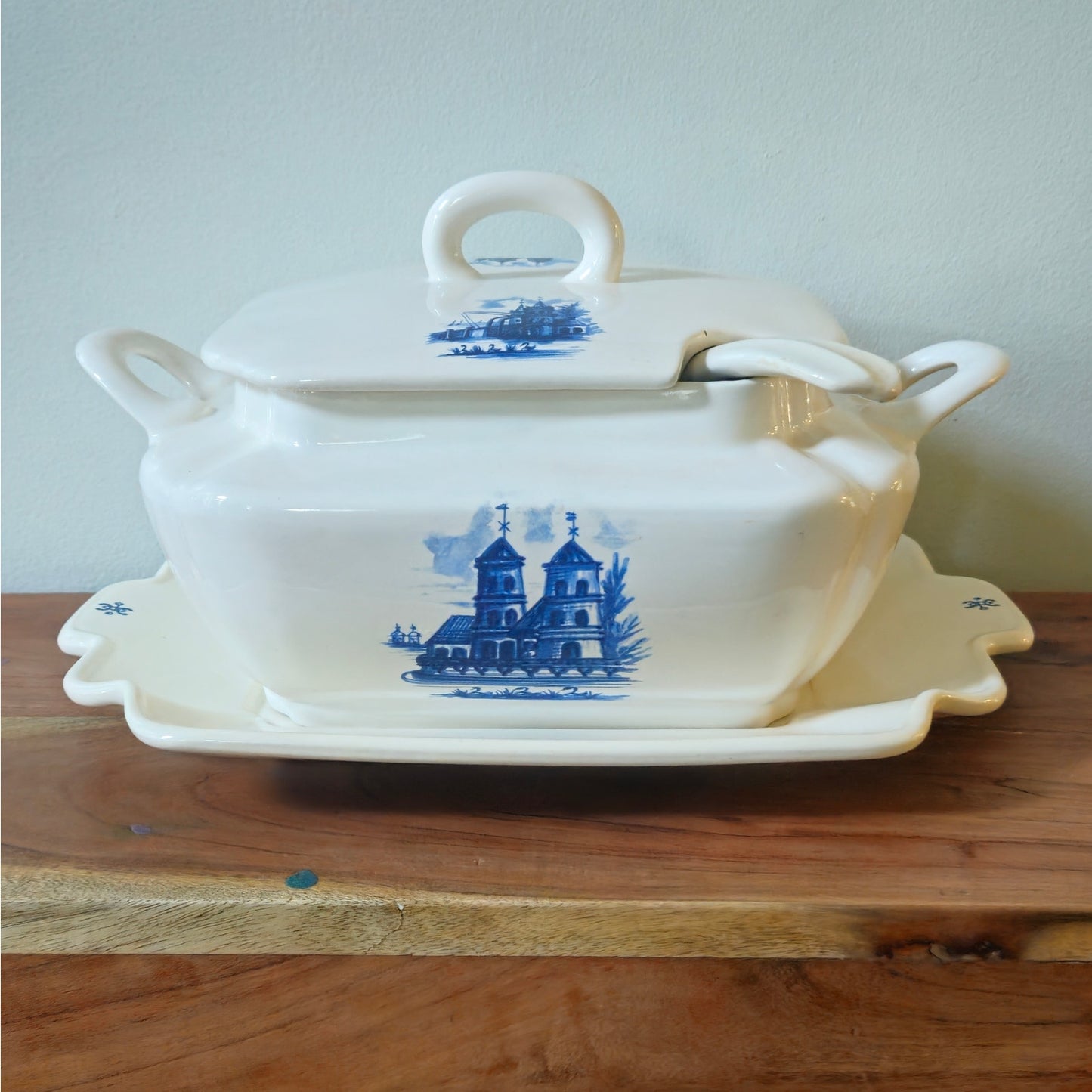 1970s Blue and White Covered Tureen with Underplate and Ladle