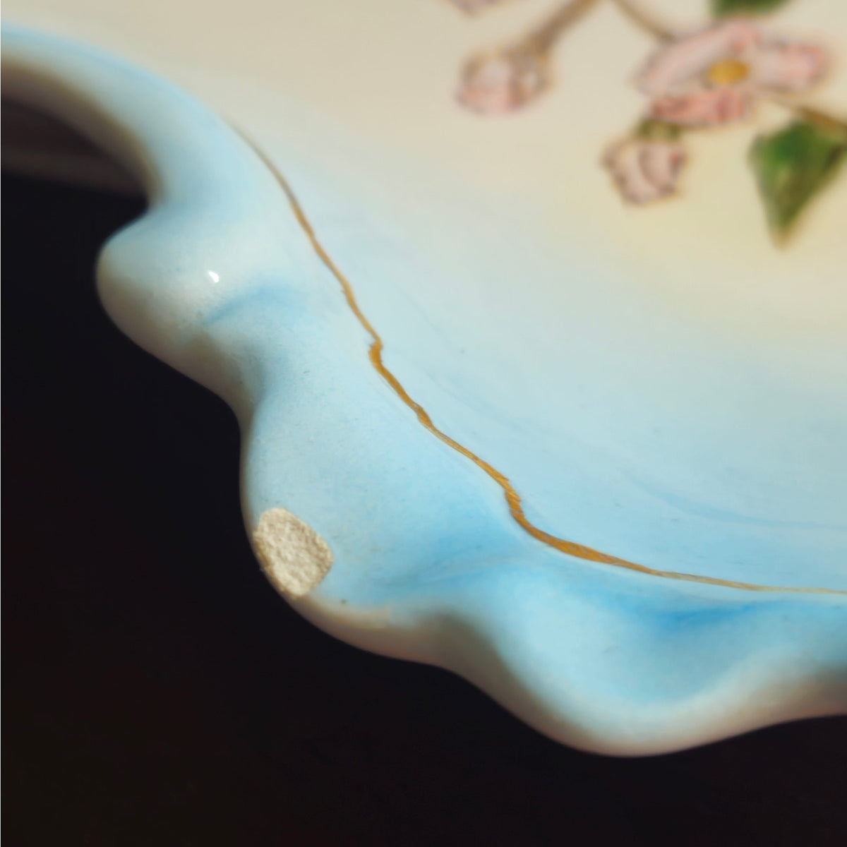 1960s Hand Painted Blue Scalloped Cherry Blossom Trinket Dish