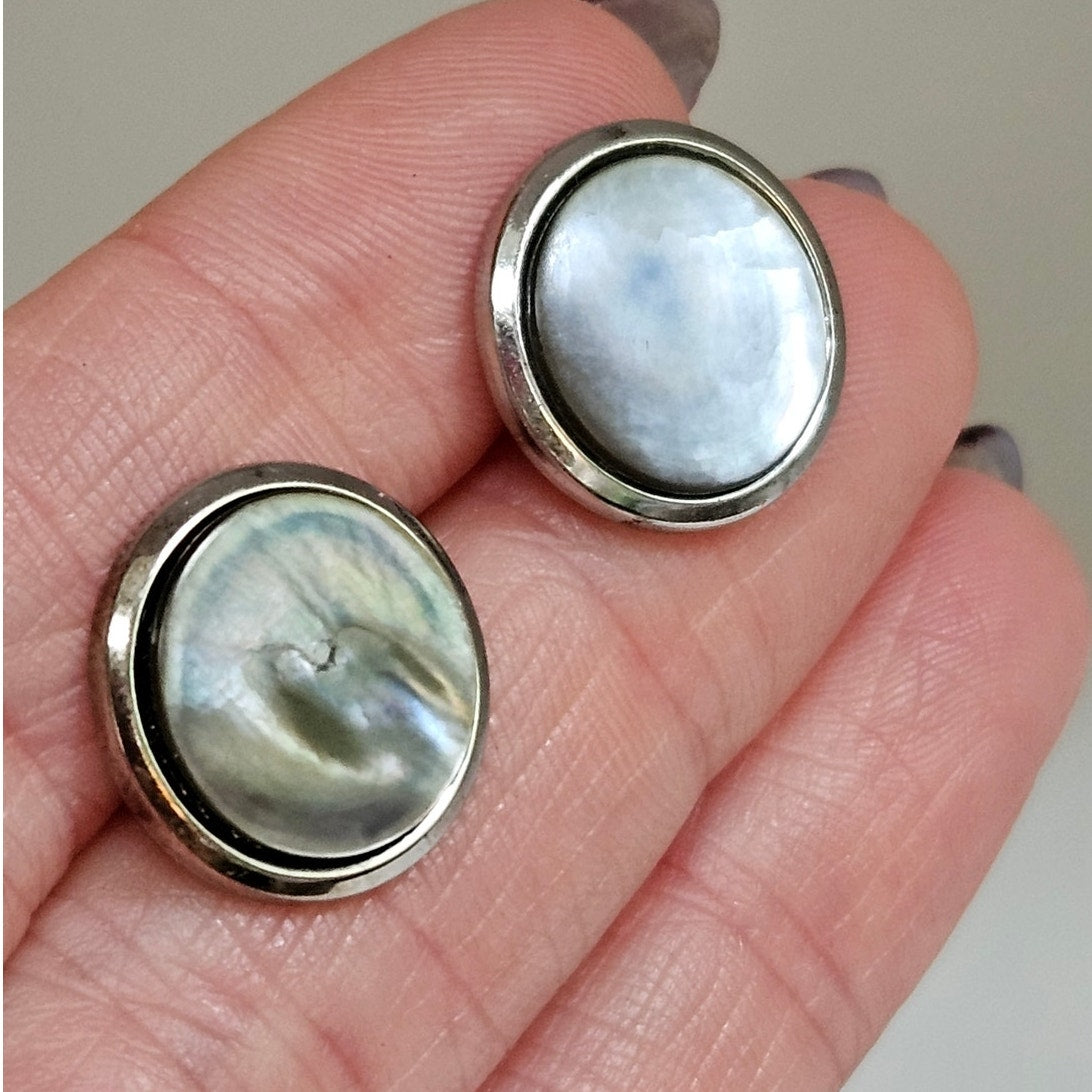 Vintage MCM Gray Mother of Pearl Cufflinks | Silver Tone Round Quiet Luxury