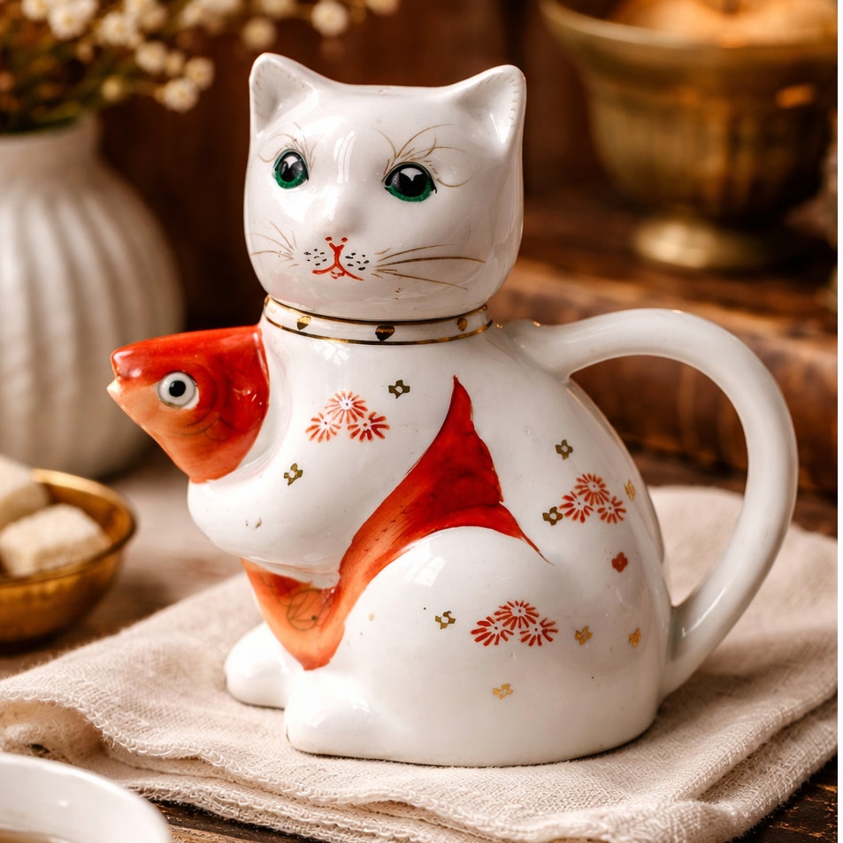 Mid-Century Cat & Koi Porcelain Teapot