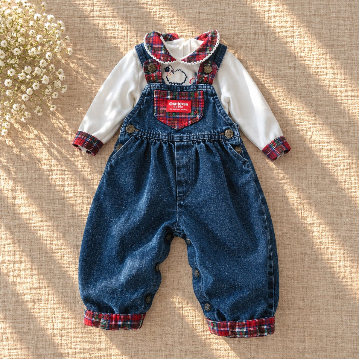 1980s OshKosh B'Gosh Denim Overalls & Tartan Blouse Set | Girls 18M