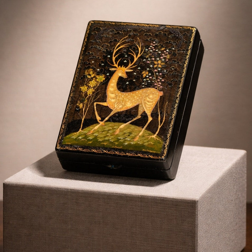 Kholuy Russian Lacquer Miniature Box – Signed & Hand Painted Deer “Lan” Scene