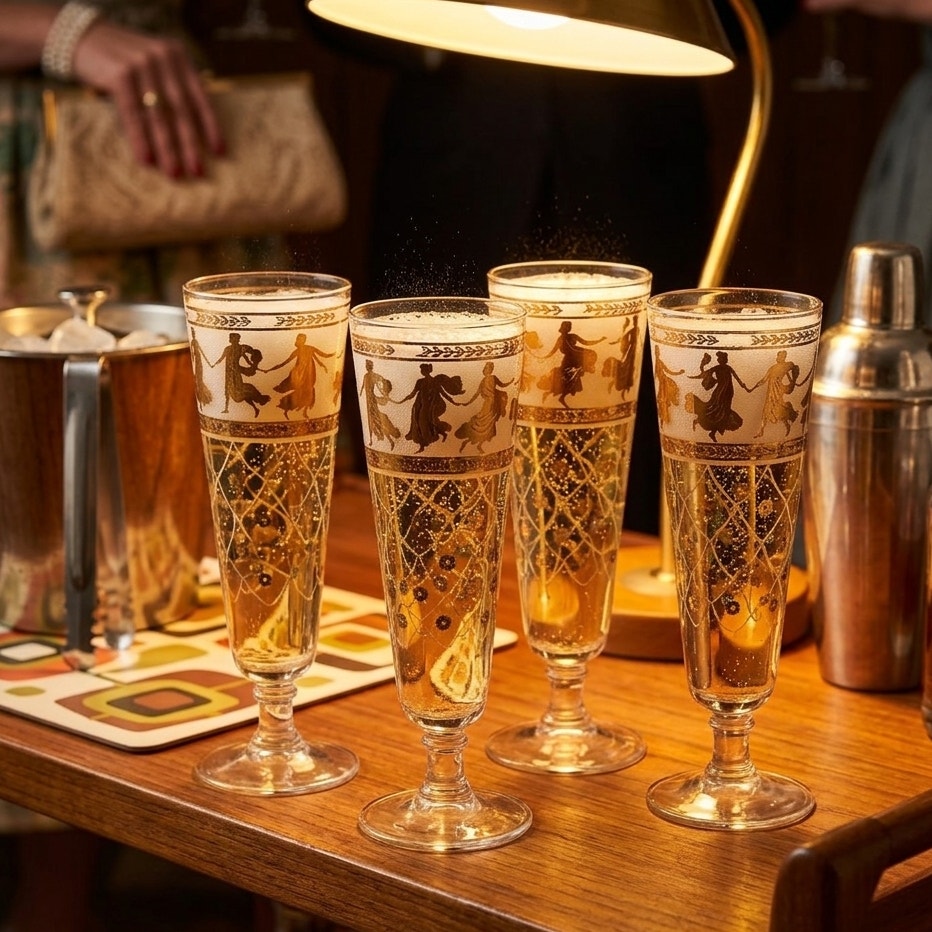 Set of 4 Vintage Aldon Greek Goddess Gold Atomic Barware Pilsner Glasses | MCM 1950s | Home