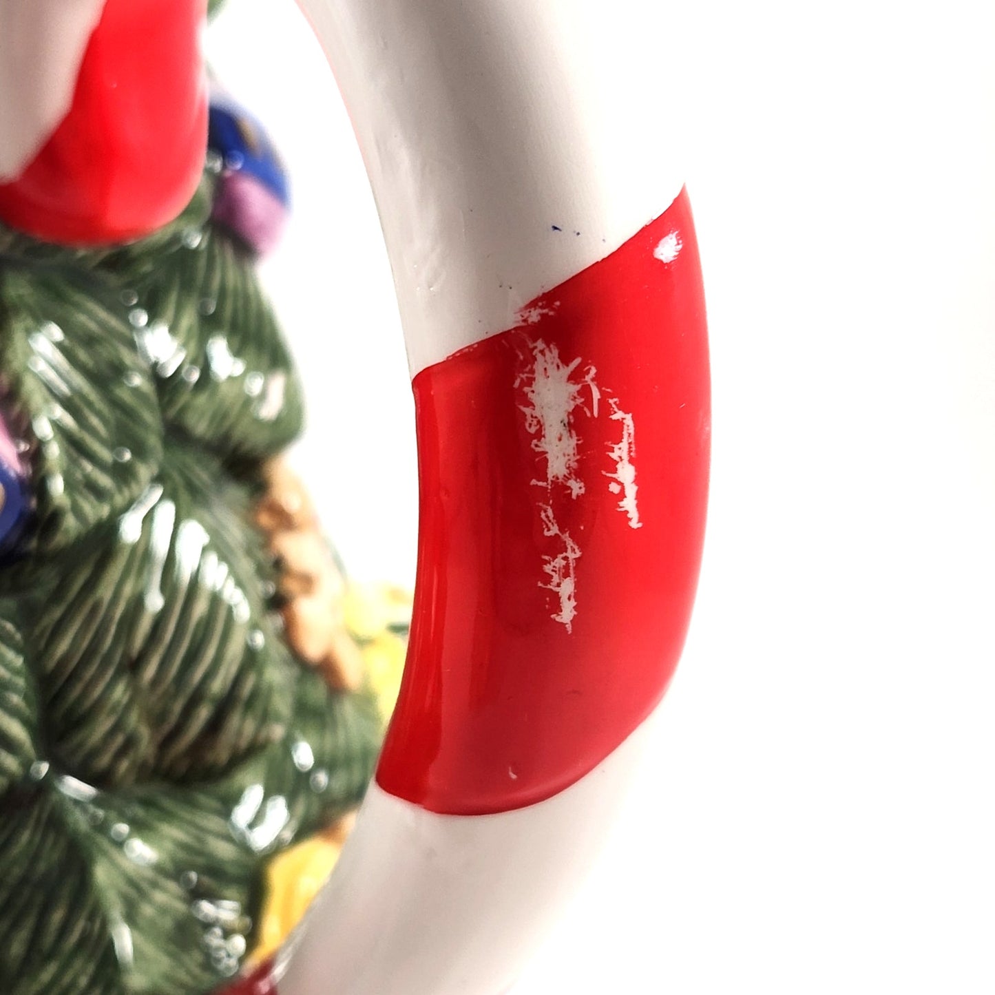 1994 Christmas Tree Ceramic Pitcher with Candy Cane Handle, Teddy Bear & Gift Box Details