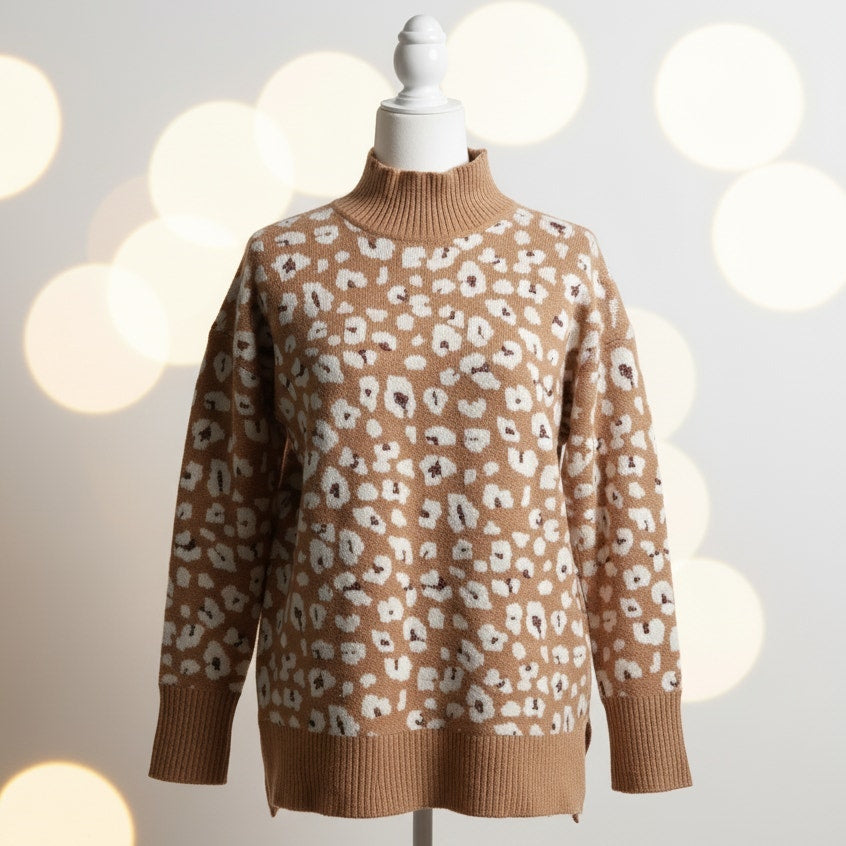 Leopard Print Mock Neck Sweater with Metallic Accents | Women's M