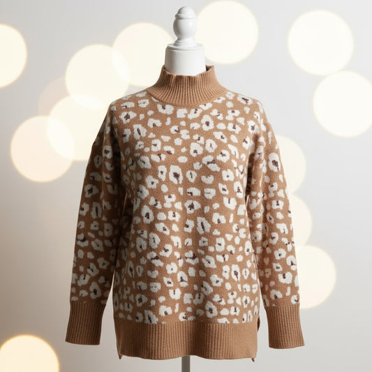 Leopard Print Mock Neck Sweater with Metallic Accents | Women's M