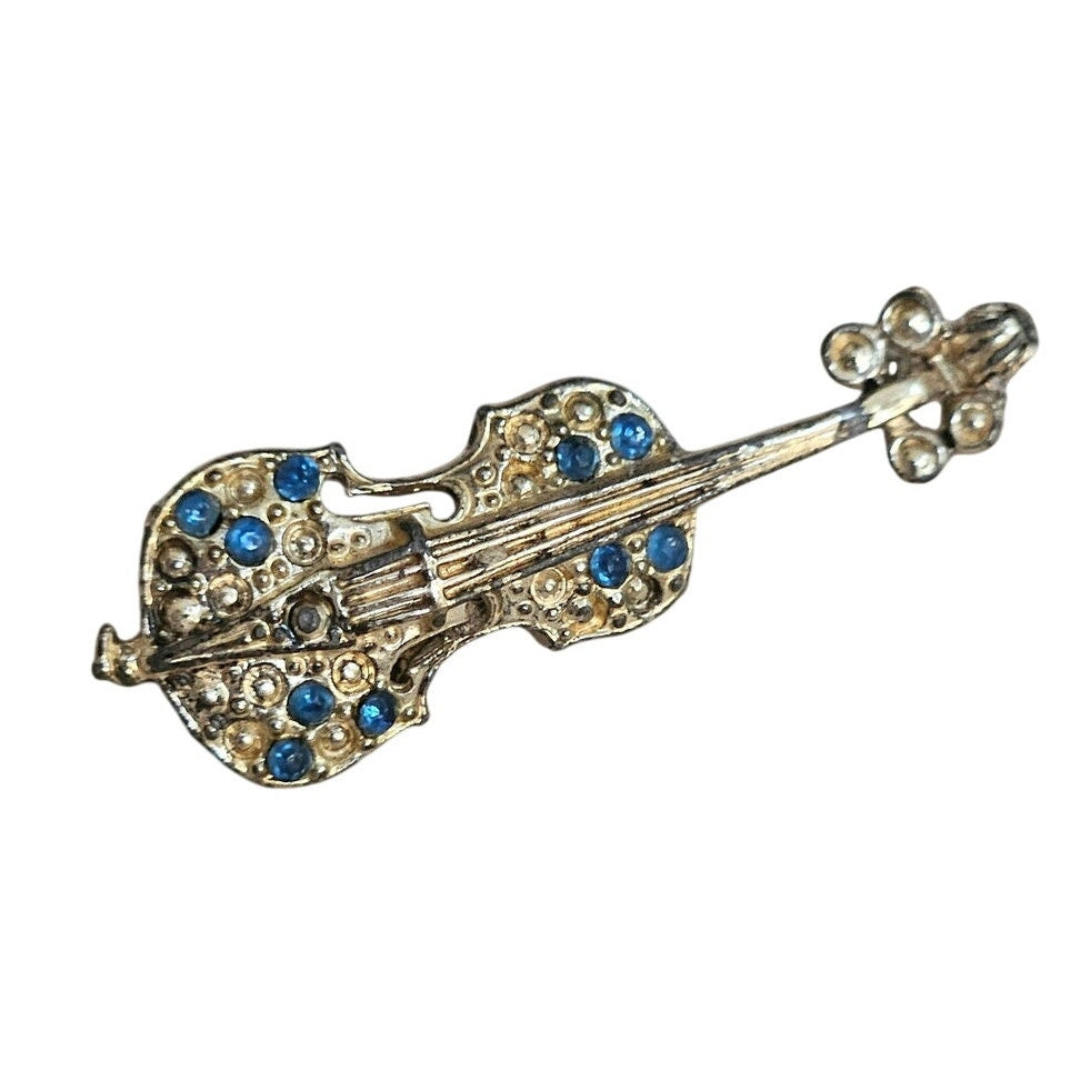 Mid-Century Gold Tone Violin Brooch with Blue Rhinestones