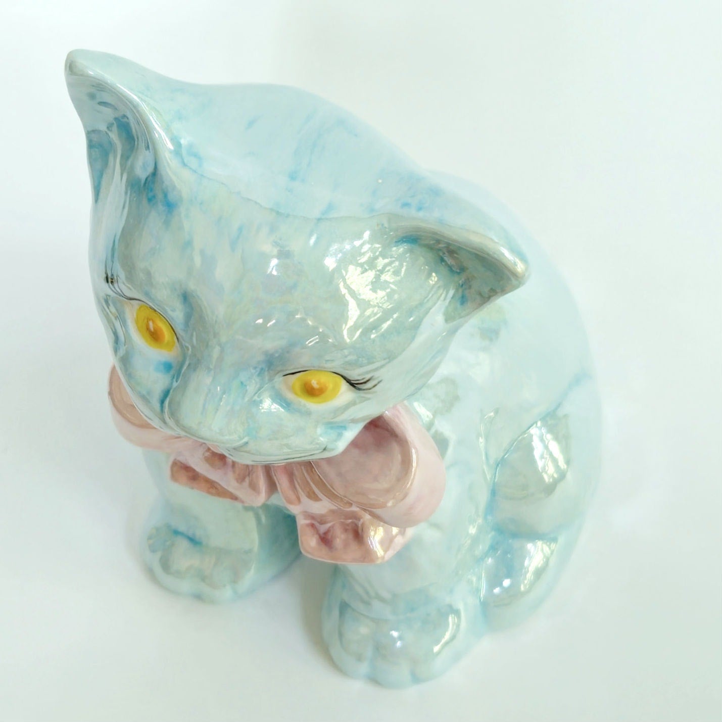 1960s Iridescent Blue Ceramic Cat Figurine