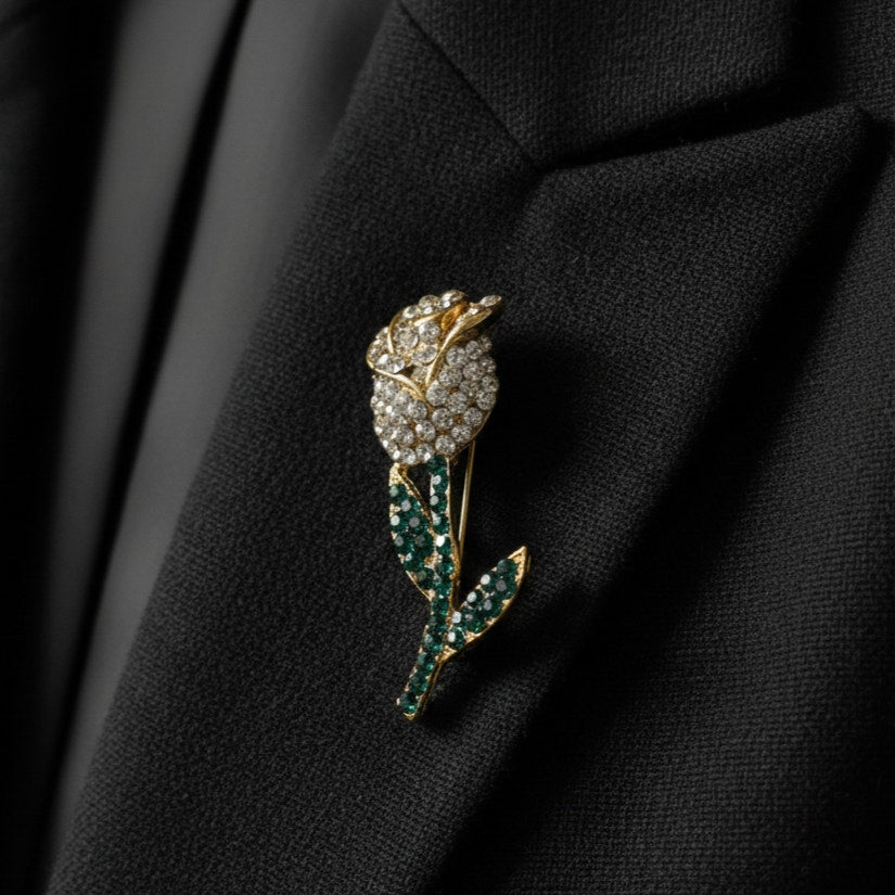 Vintage Jonette JJ Rose Brooch | 1980s Gold Tone Emerald Rhinestone Flower Pin