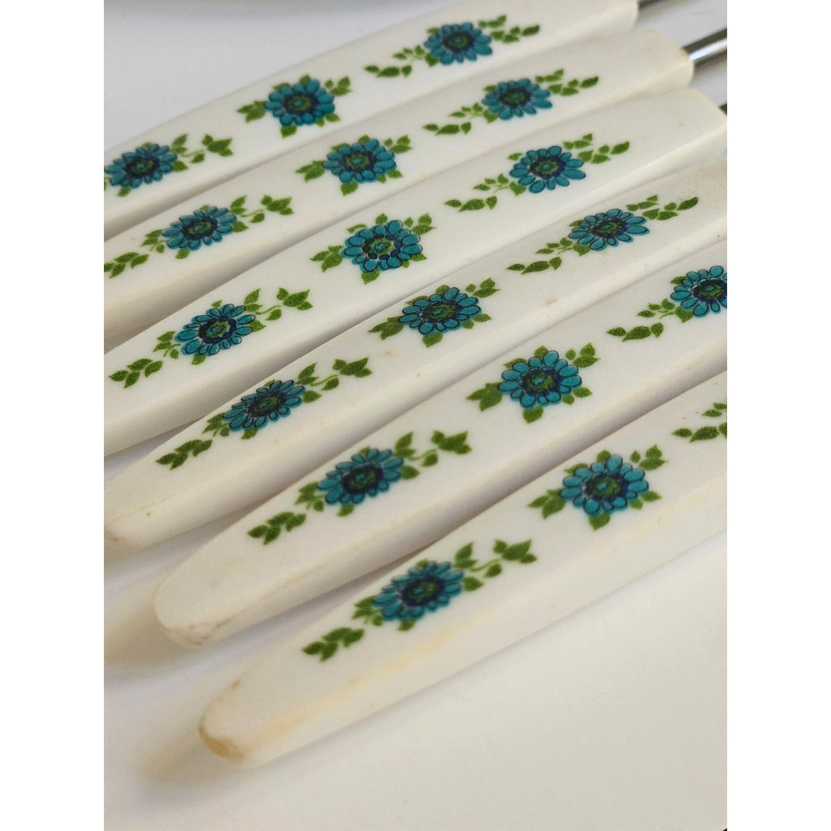 1970s Blue Floral Fondue Set