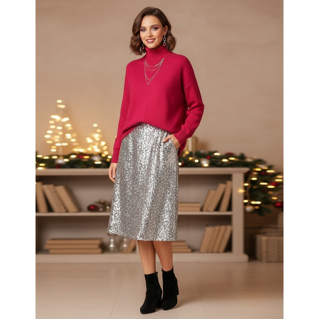 Raspberry Pink Crystal Mock Neck Pullover Sweater | Women's M