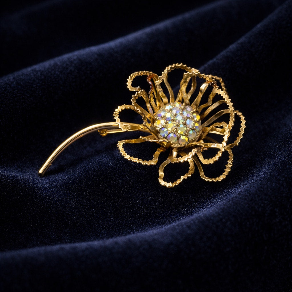 Vintage Sarah Coventry Allusion Brooch | Mid-Century Gold Floral Rhinestone