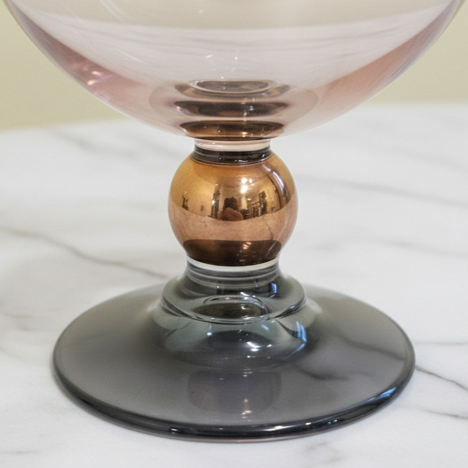 Vintage MCM Blush & Smoke Art Deco Glass Cocktail Coupes – Set of 2 Rose Copper Teal