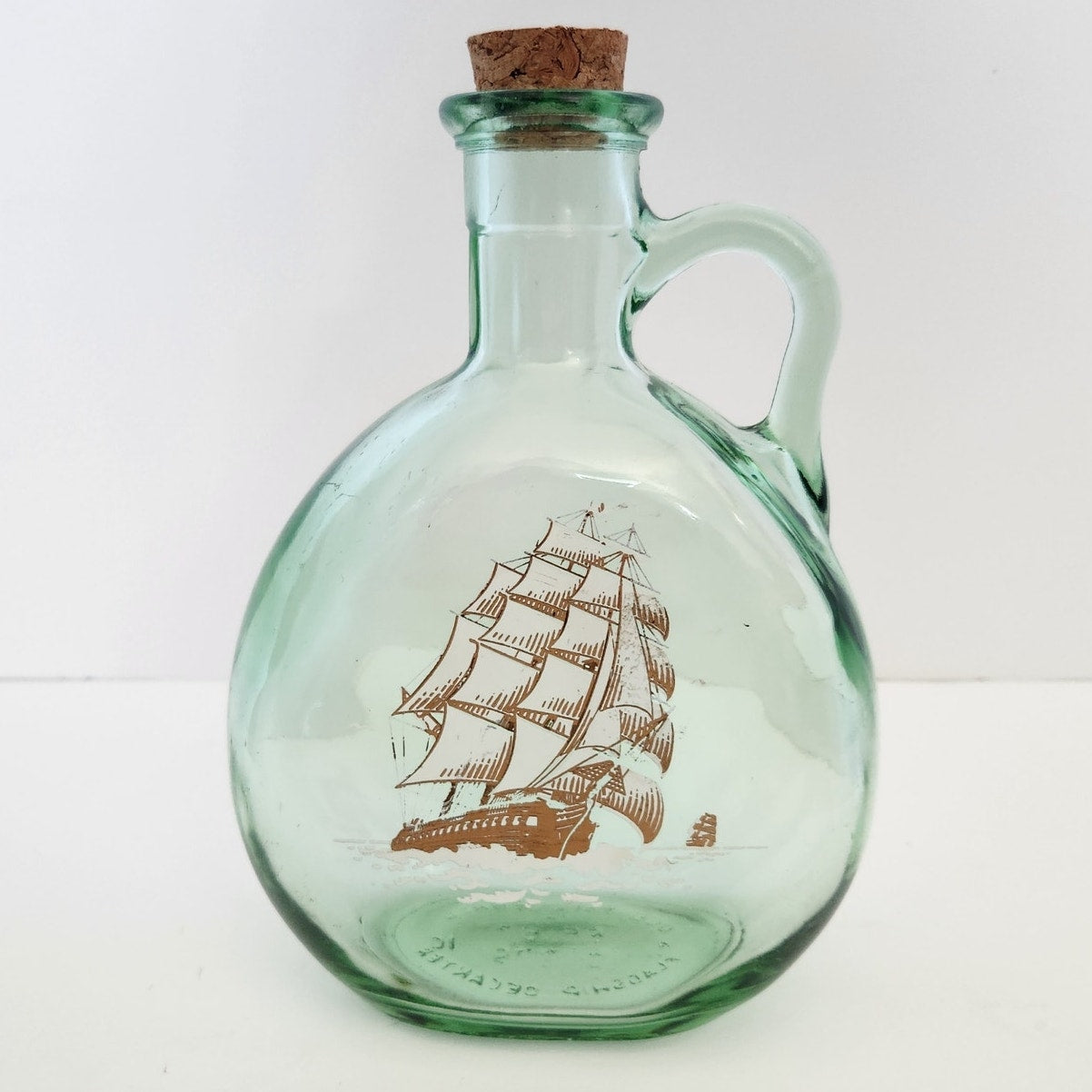 Vintage MCM Old Fitzgerald Green Glass Flagship Decanter Bottle | 1960s Barware
