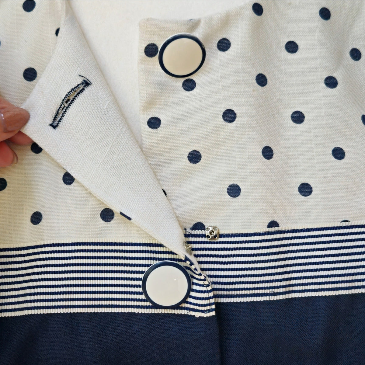 1990s Damon Petite Navy & White Polka Dot Sheath | Women's 10