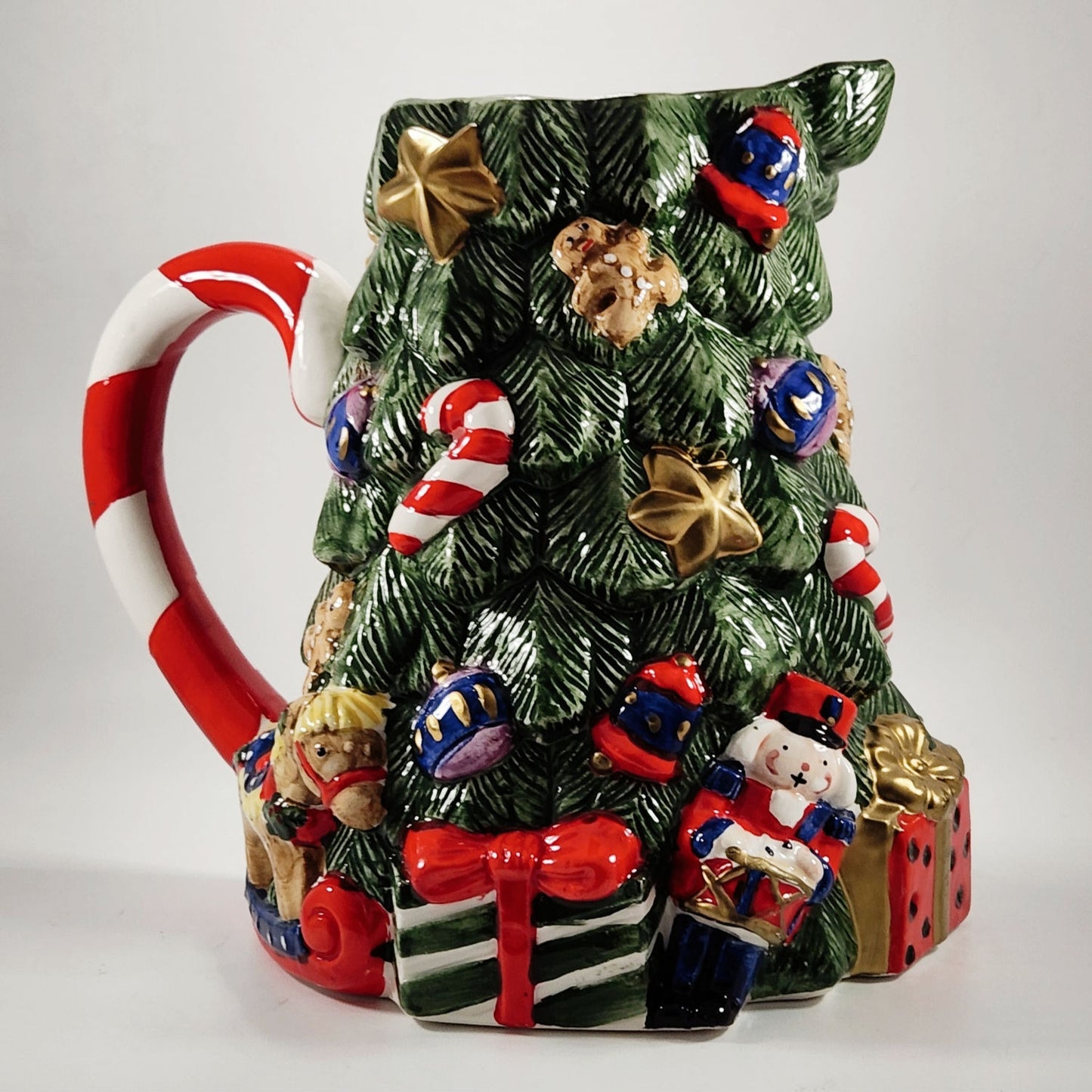 Vintage Fitz and Floyd Christmas Tree and Toys Pitcher with Candy Cane Handle