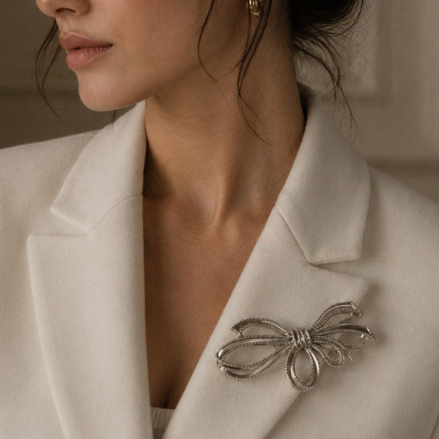 1950s Trifari Silver Tone Ribbon Bow Brooch
