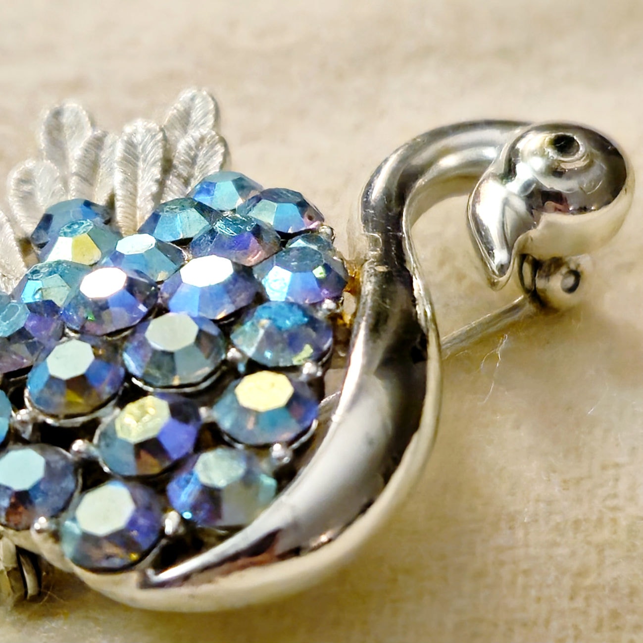 Vintage Aurora Borealis Swan Brooch | Silver Tone Mid Century Jewelry