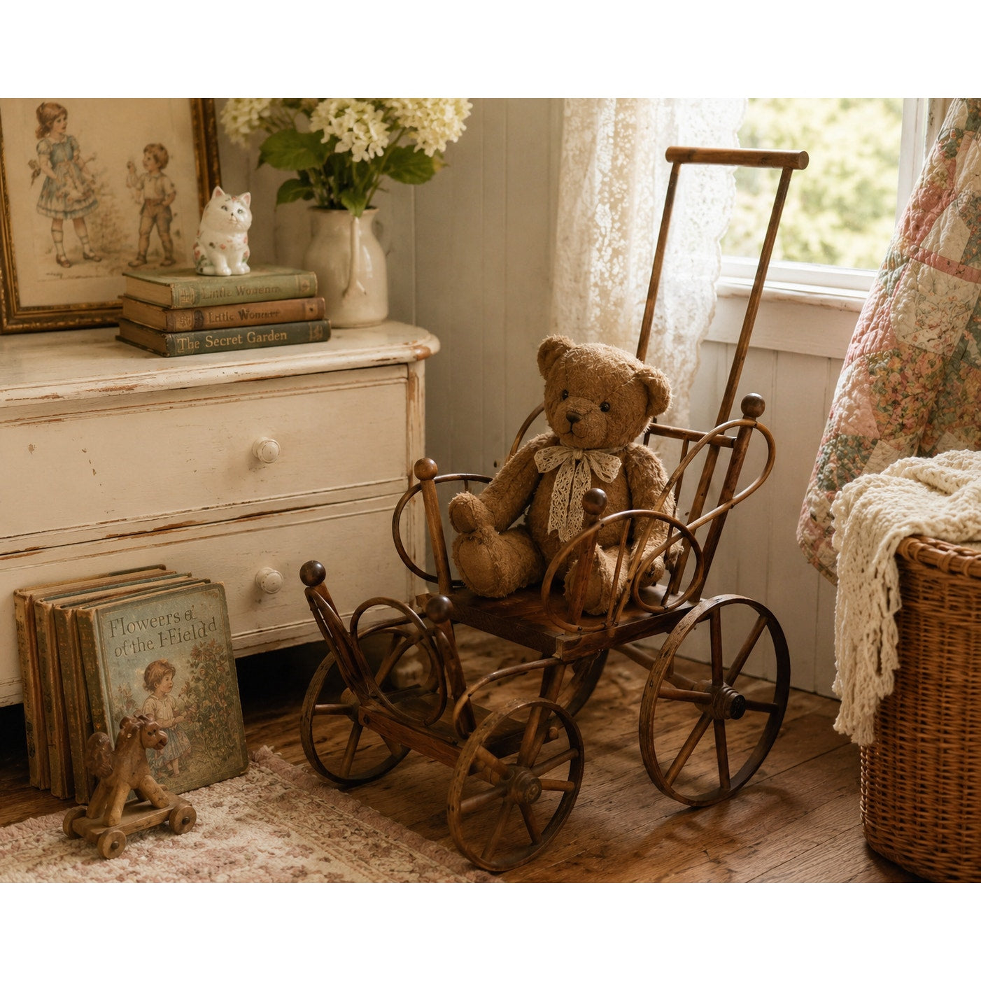 Antique Victorian Handmade Bentwood Doll Push Chair Stroller Circa 1900
