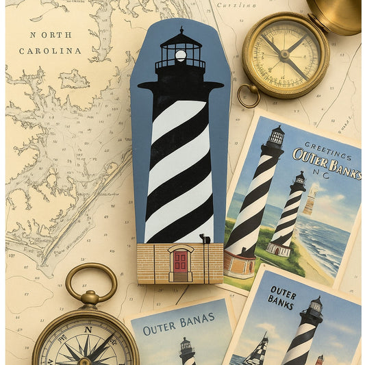 Vintage 1990s Cat’s Meow Village Cape Hatteras Lighthouse | Retired Handcrafted Wood Collectible | Black & White Striped Nautical Home Decor