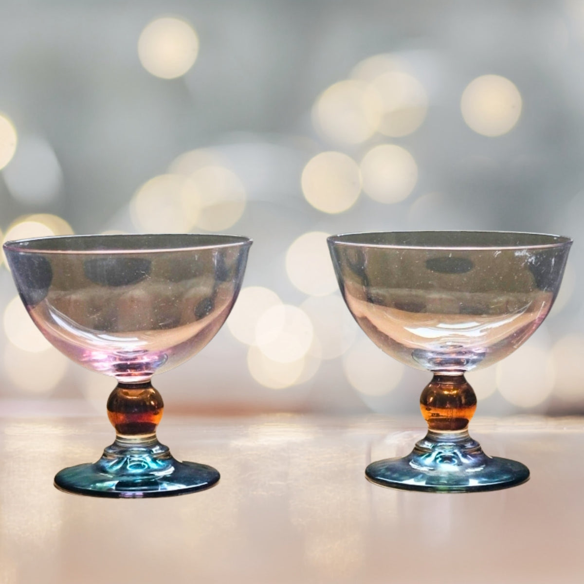 Vintage MCM Blush & Smoke Art Deco Glass Cocktail Coupes (2) | Rose Copper Teal