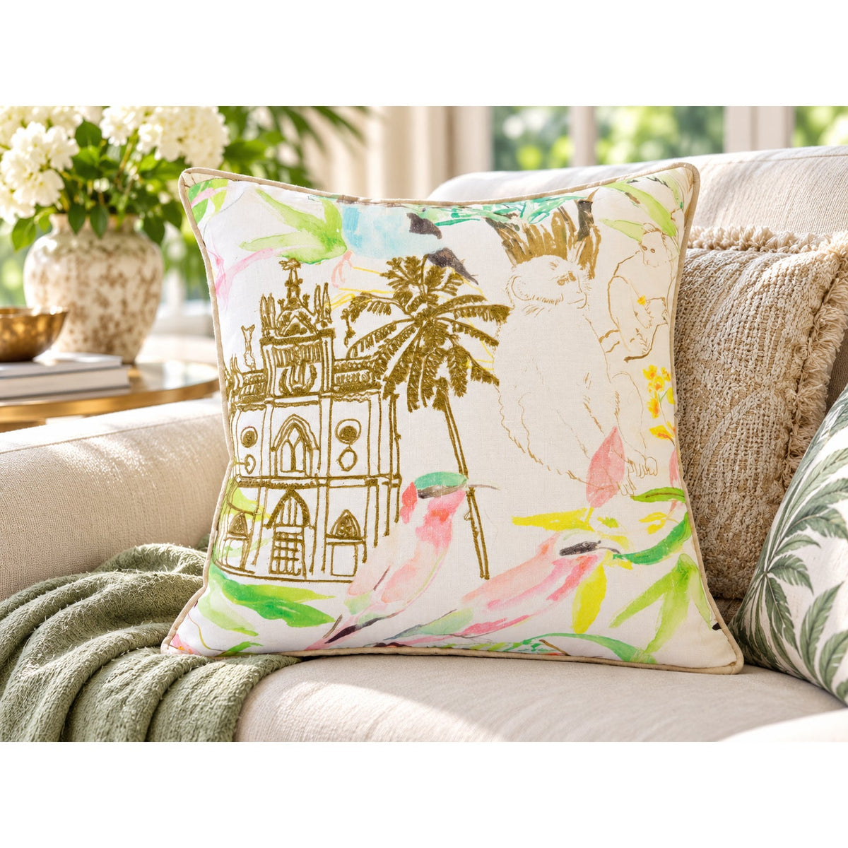 Anthropologie Discontinued Rebekah Maysles Kaveri Embroidered Monkey Pillow 14"