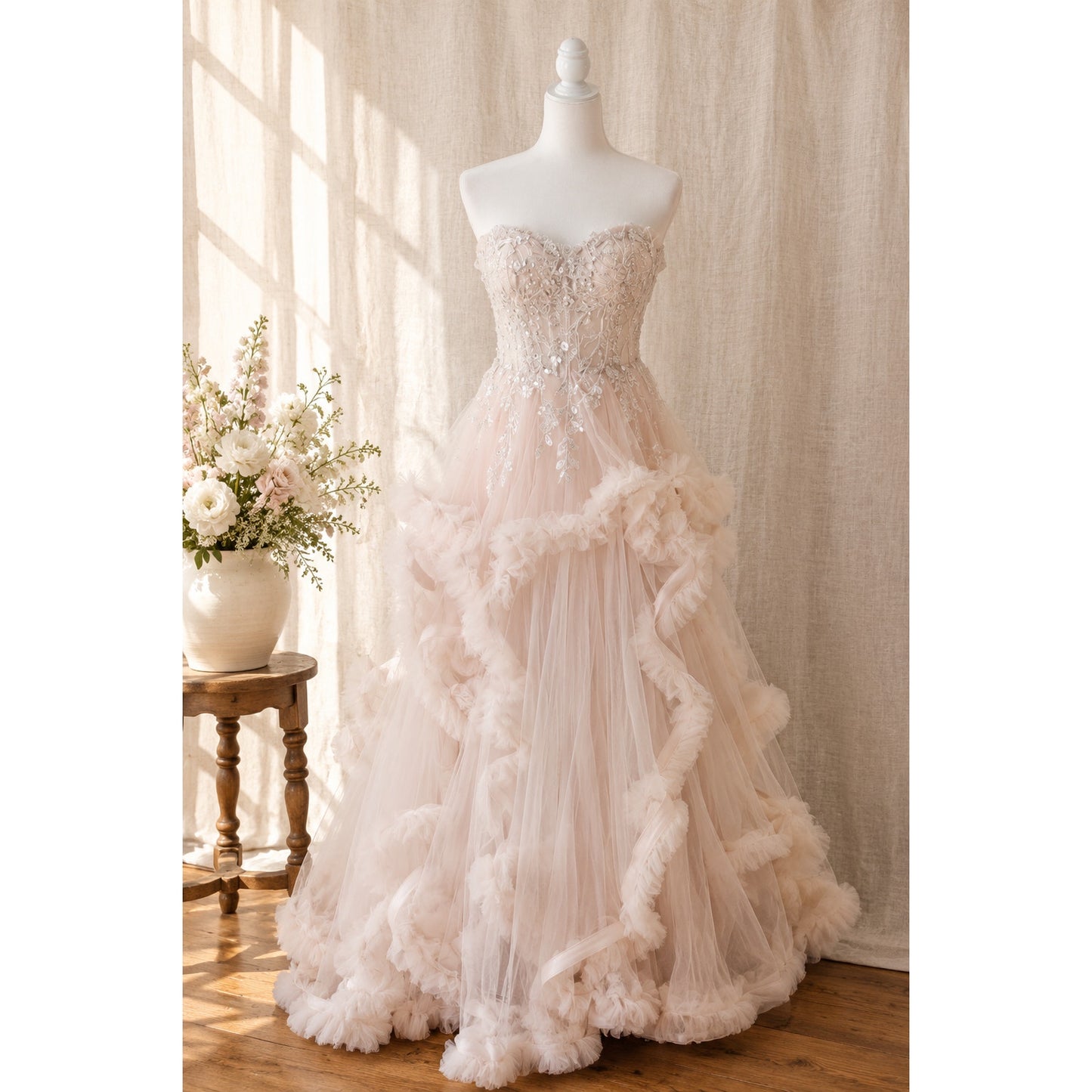 NWT Mac Duggal Pink Beaded Sequin Ruffle Tulle Ball Gown Dress Size 8 $998