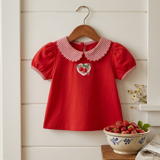 Vintage 1980s Healthtex Girls Red Cherry Gingham Swing Top | Made in USA | Cottagecore Toddler Blouse | Retro Puff Sleeve Shirt | Size 5