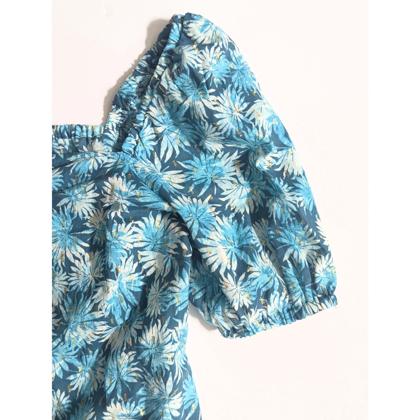 Michael Kors Off Shoulder Metallic Gold Detail Floral Blouse in Nassau Teal Size S