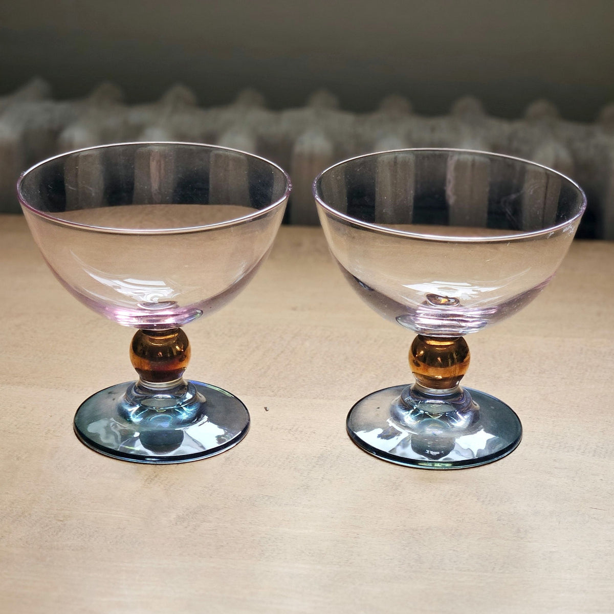 Vintage MCM Blush & Smoke Art Deco Glass Cocktail Coupes (2) | Rose Copper Teal