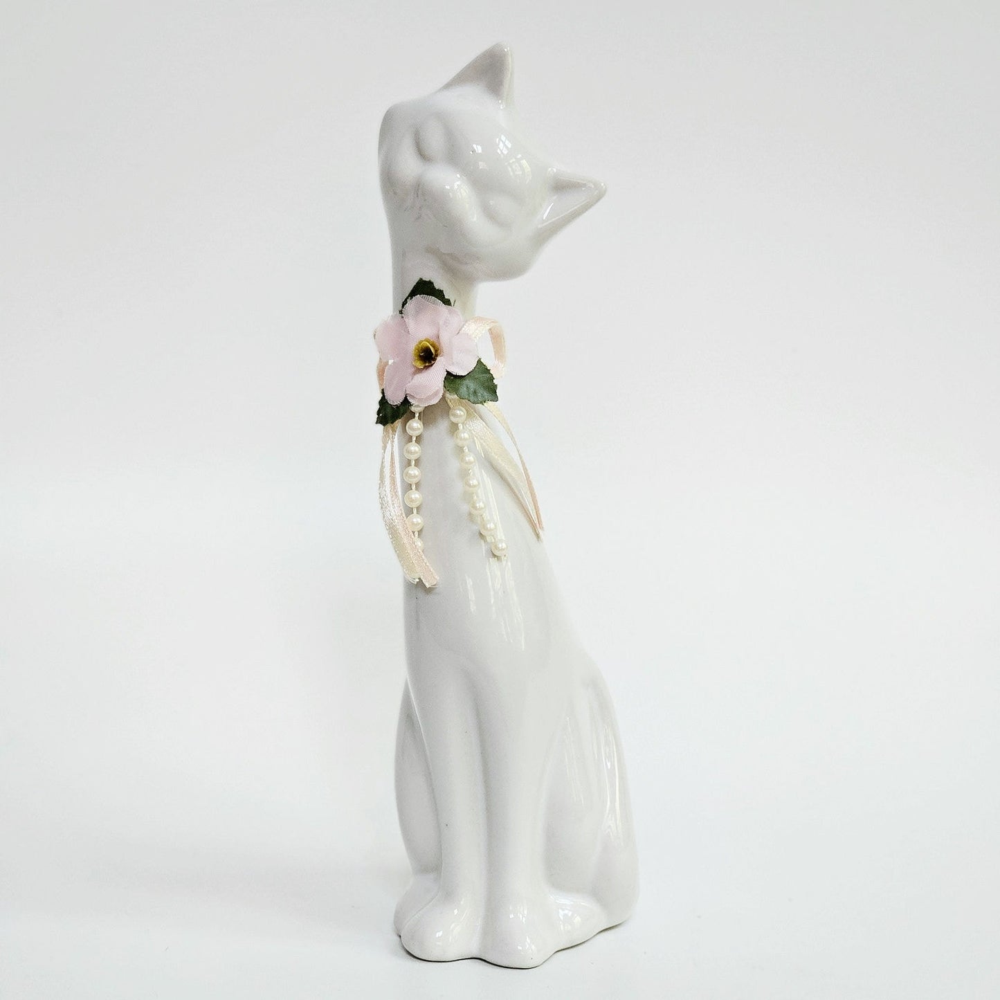 Mid-Century Tall White Ceramic Cat Figurine