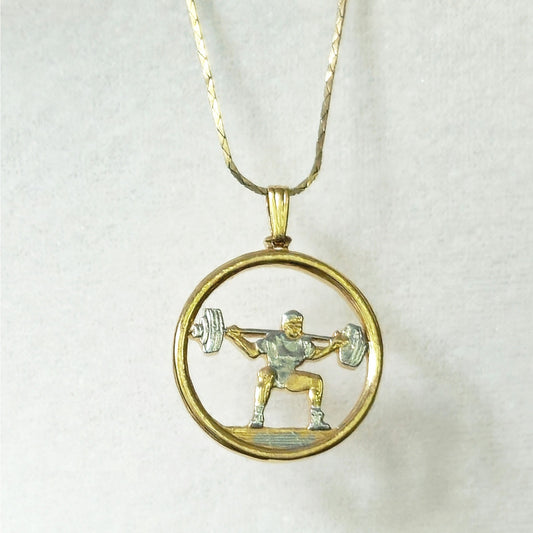 Vintage Minimalist Weightlifter Pendant Necklace | 1980s Gold Luxury Fitness