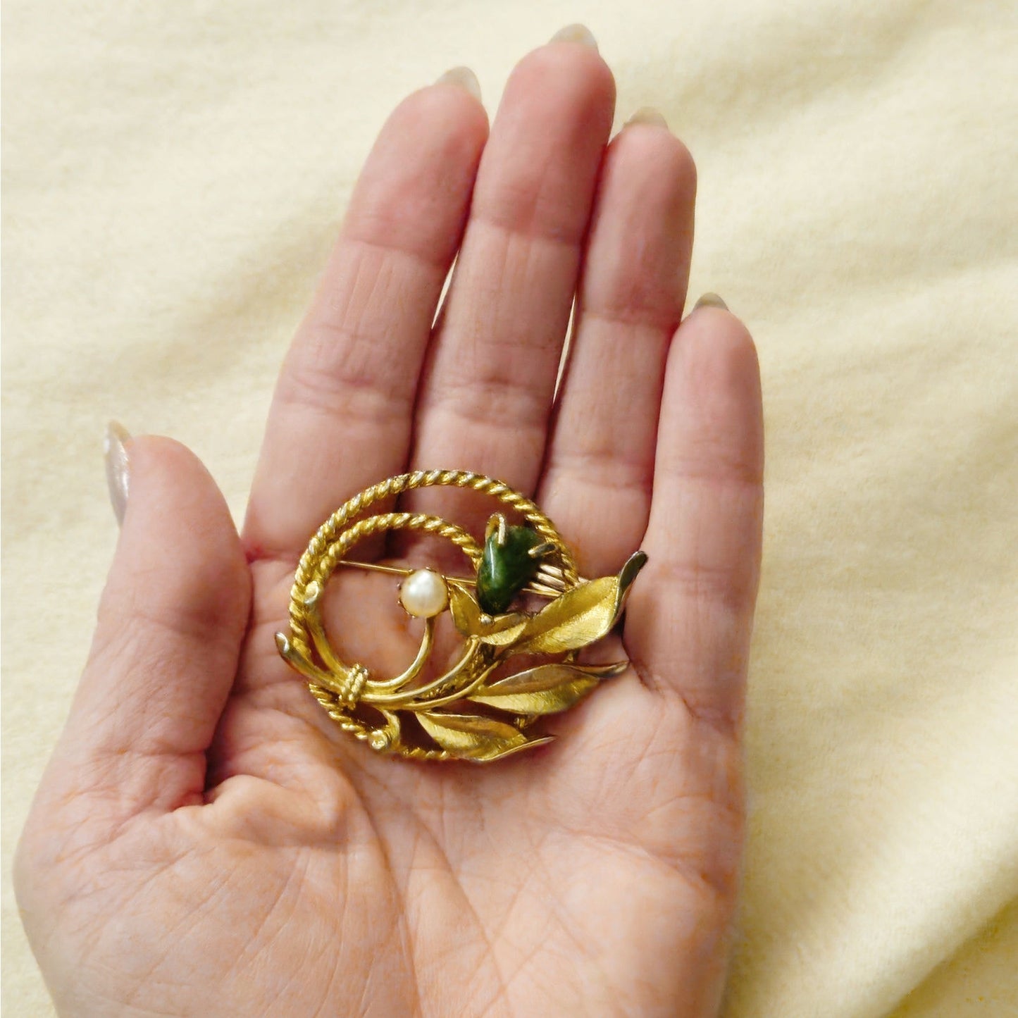 1960s Gold Leaf Brooch with Pearl & Green Stone