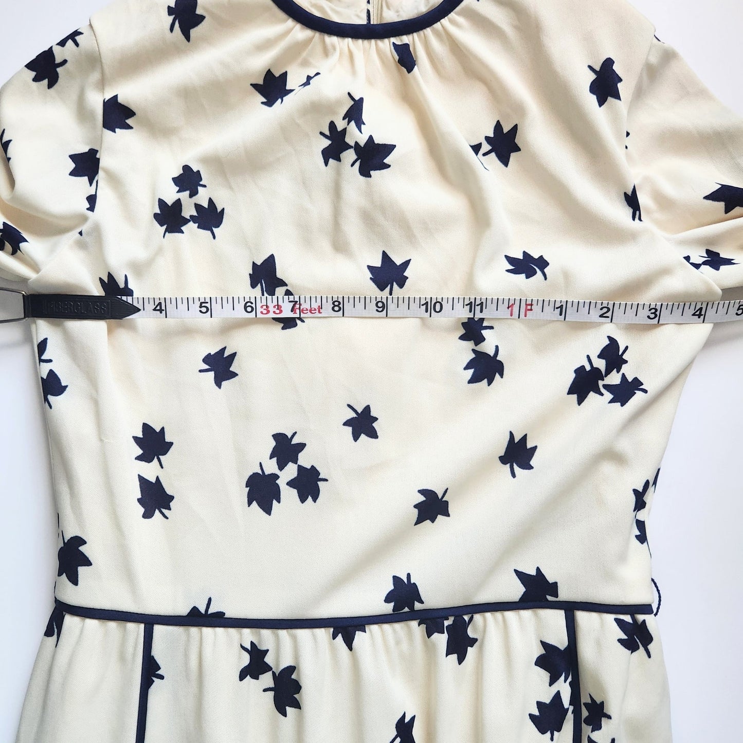 Vintage 1970s Cream & Navy Long Sleeve Maple Leaf Print Midi Dress | Women's 4