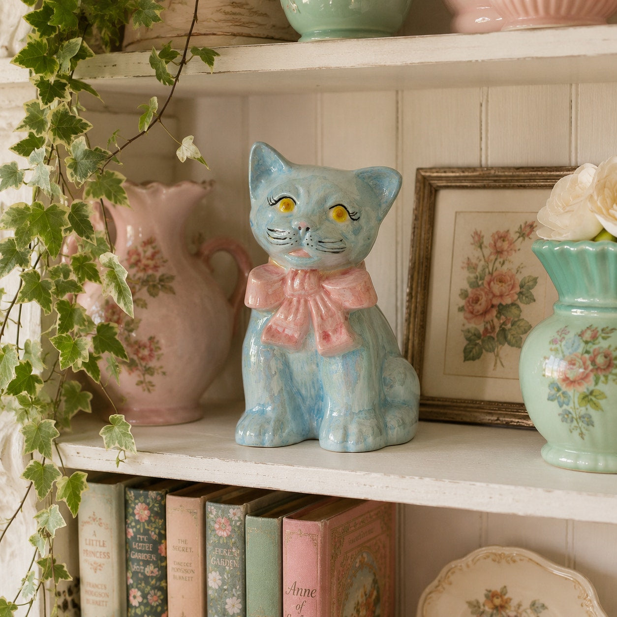1960s Iridescent Blue Ceramic Cat Figurine
