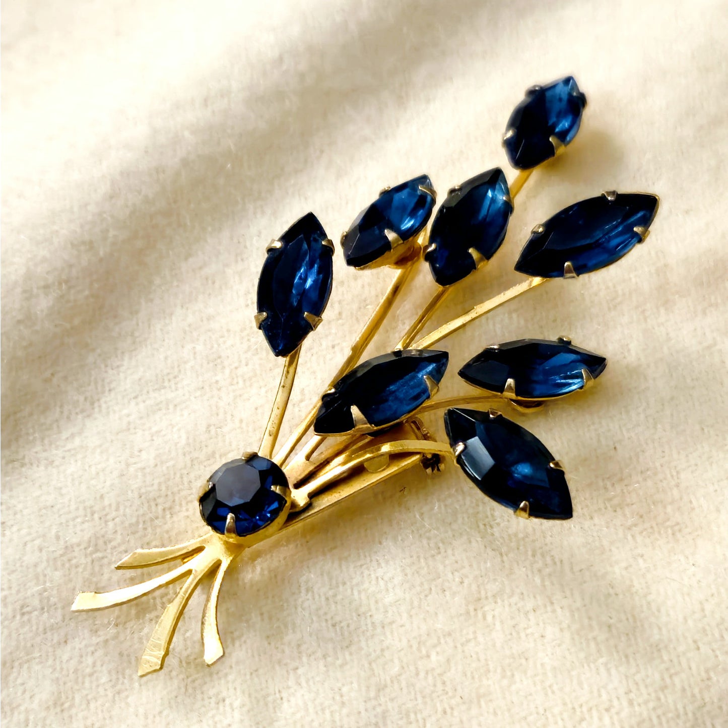 Vintage Blue Rhinestone Spray Brooch | Mid Century Sapphire Gold Navette Pin