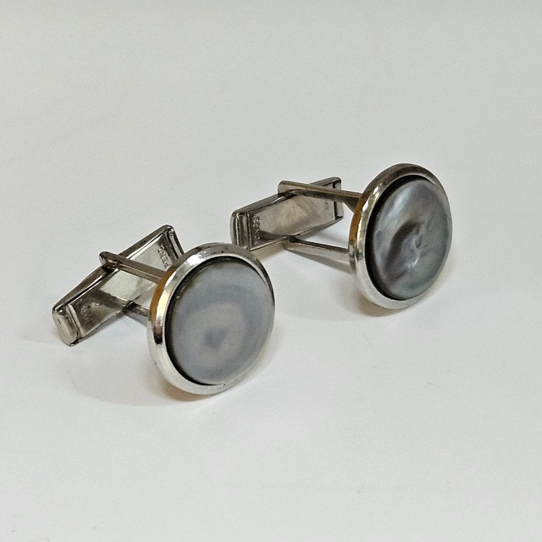 Vintage MCM Gray Mother of Pearl Cufflinks | Silver Tone Round Quiet Luxury
