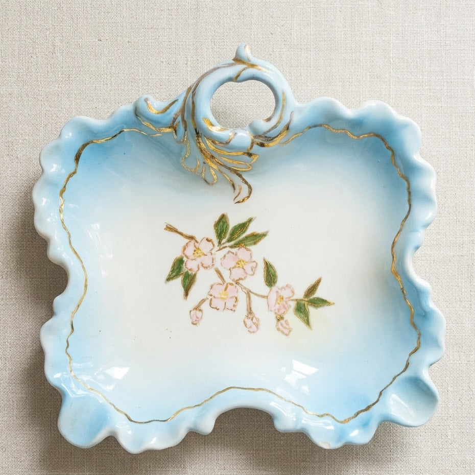 1960s Hand Painted Blue Scalloped Cherry Blossom Trinket Dish