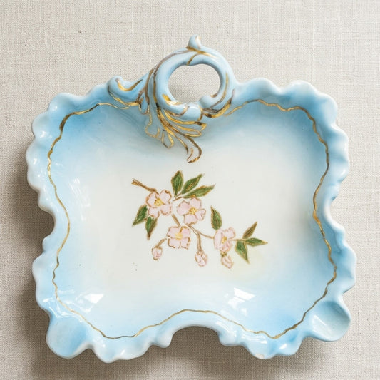 1960s Hand Painted Blue Scalloped Cherry Blossom Trinket Dish