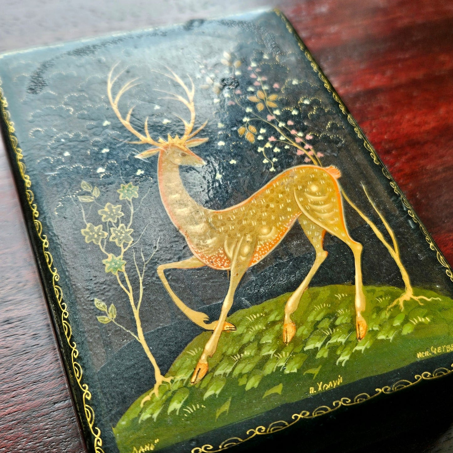 Kholuy Russian Lacquer Miniature Box | Signed & Hand Painted Deer Lan Scene