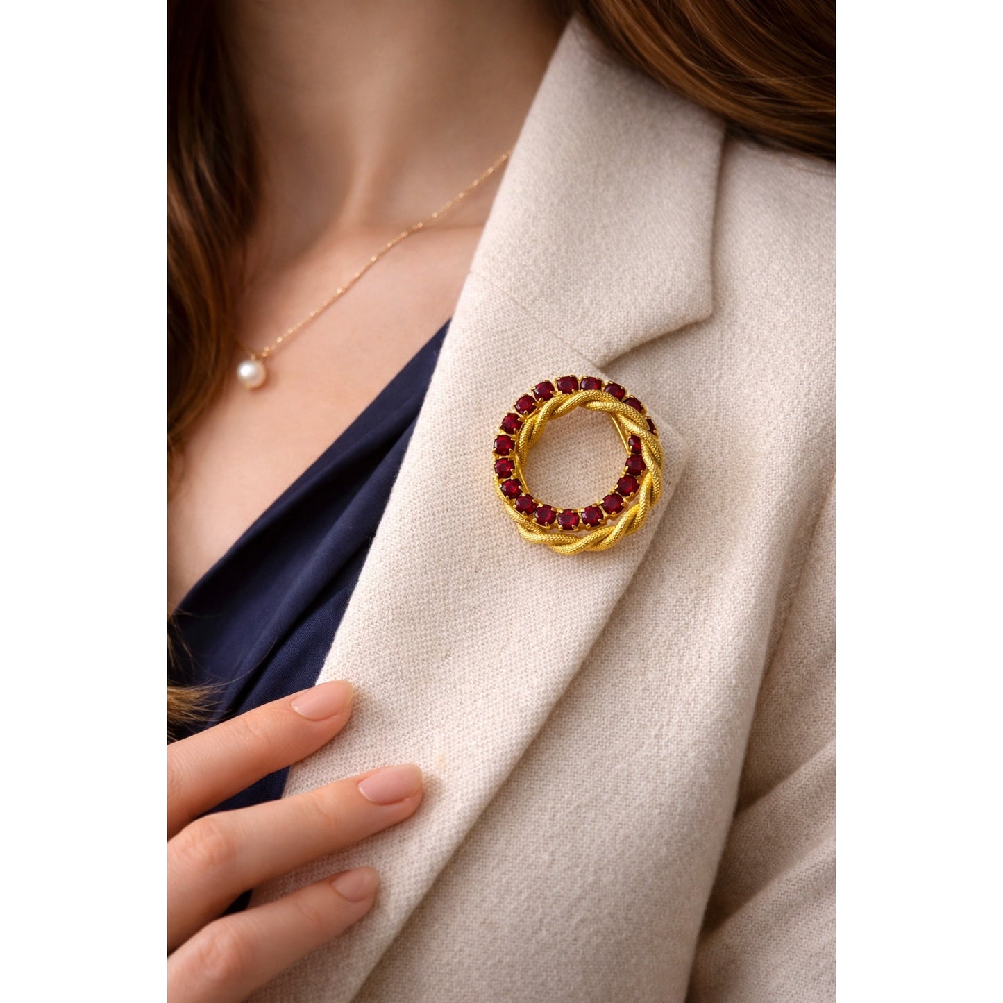 Vintage Red Rhinestone and Gold Tone Wreath Brooch |  Mid Century Circle Pin