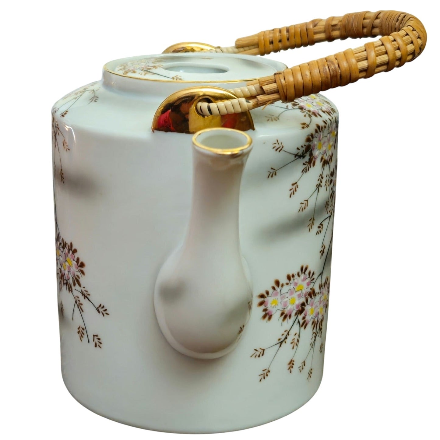 Mid-Century Japanese Cherry Blossom Porcelain Teapot with Rattan Handle | Vintage 1950s