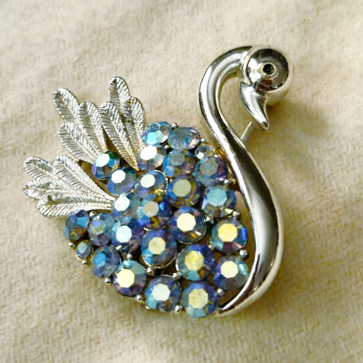Vintage Aurora Borealis Swan Brooch | Silver Tone Mid Century Jewelry