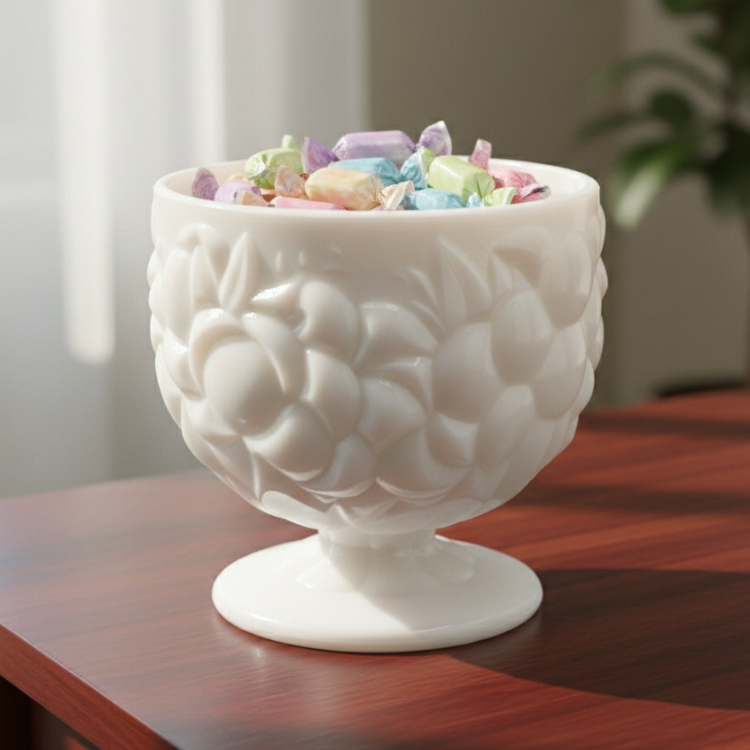 Vintage Milk Glass Pedestal Compote – Grape Pattern 5” Bowl