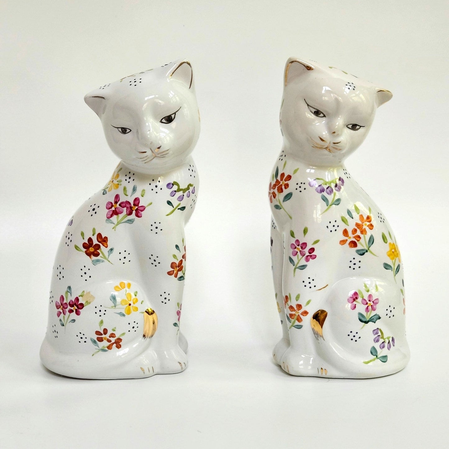 1970s Pair of White Floral Cat Figurines